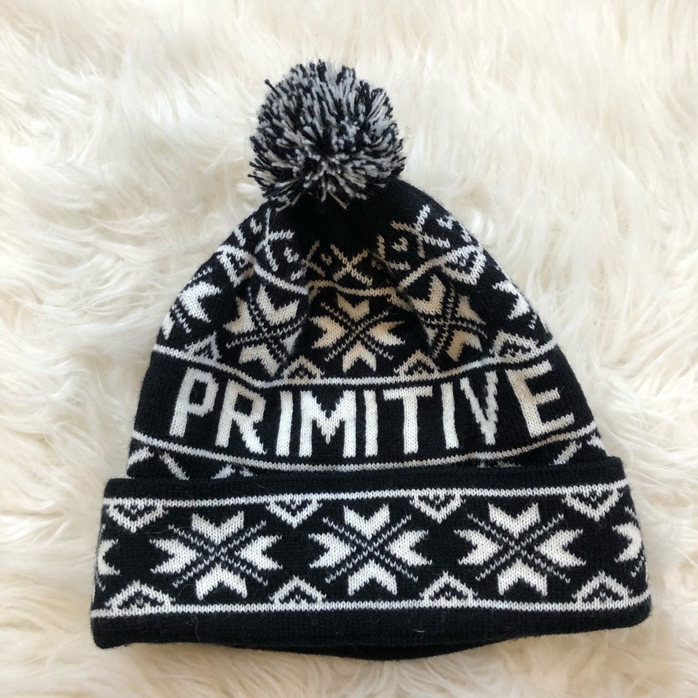 Primitive Black and White Knit Pom Beanie Hat